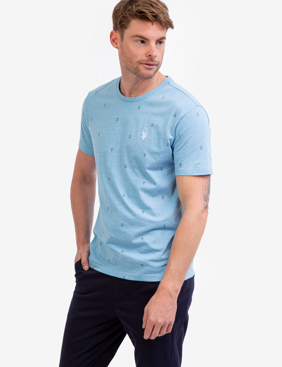 Anchor Print Jersey T-Shirt - All Over Pattern, Crew Neck, Short Sleeves