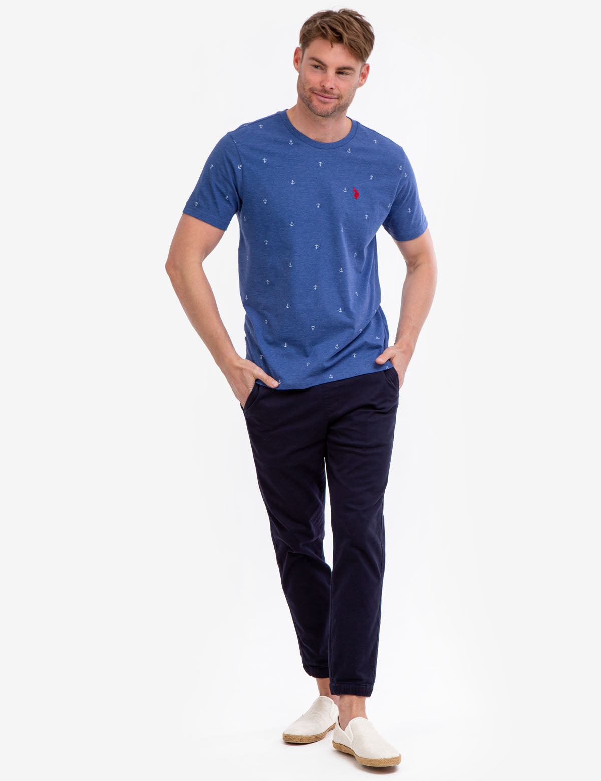 Anchor Print Jersey T-Shirt - All Over Pattern, Crew Neck, Short Sleeves