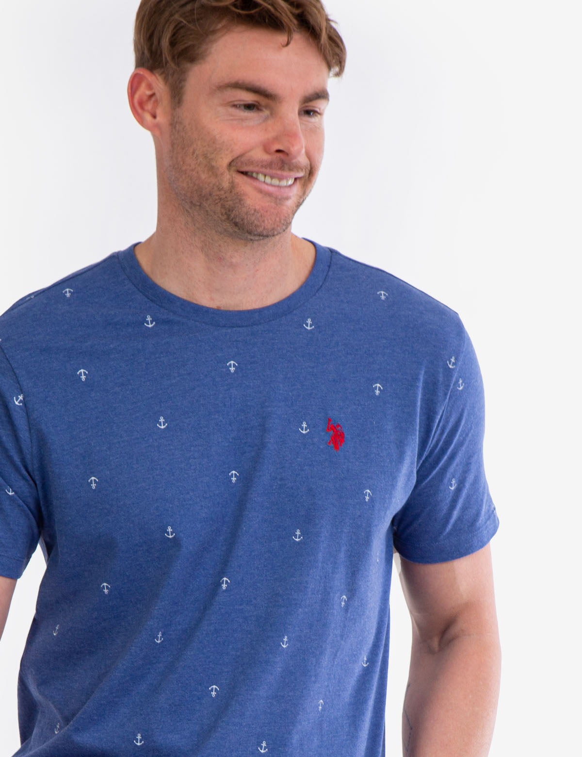 Anchor Print Jersey T-Shirt - All Over Pattern, Crew Neck, Short Sleeves