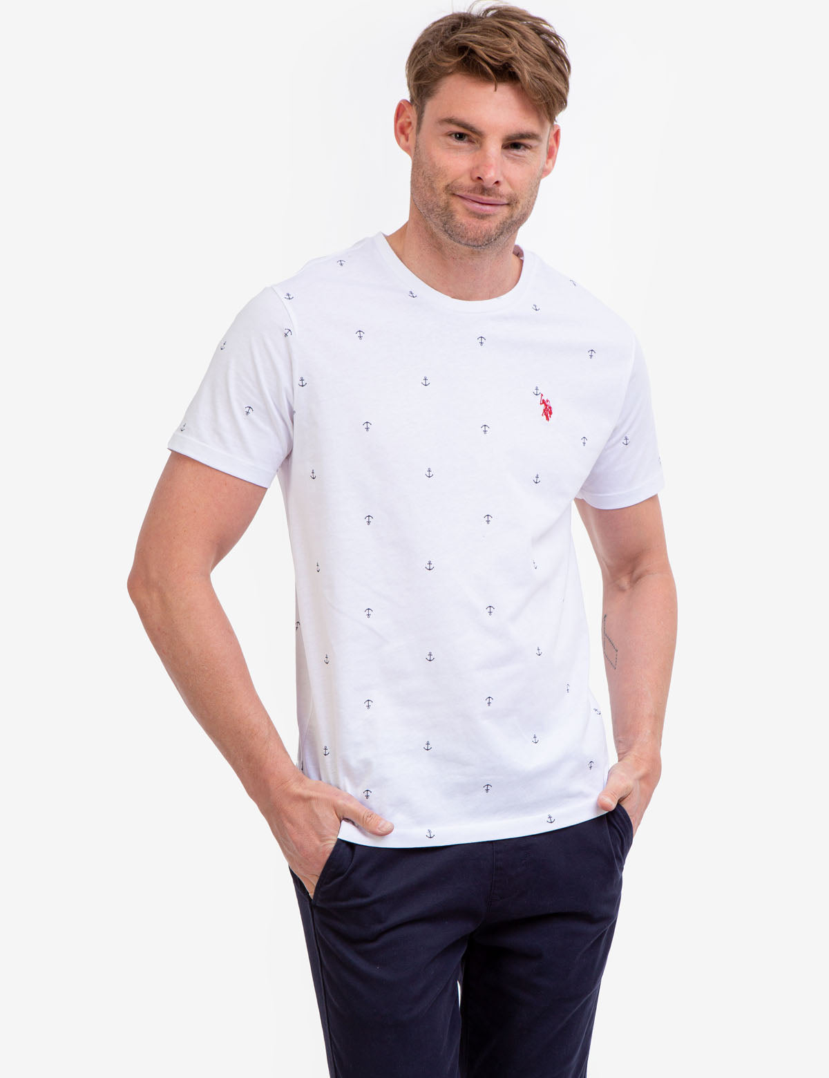 Anchor Print Jersey T-Shirt - All Over Pattern, Crew Neck, Short Sleeves