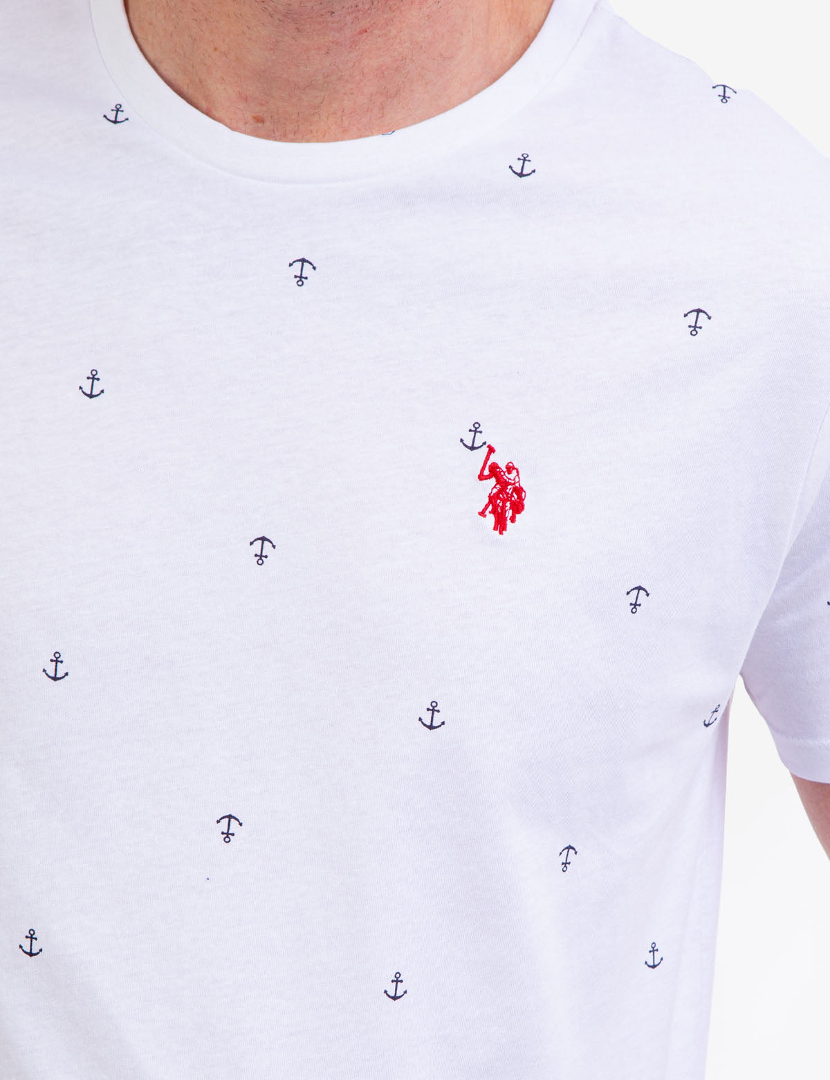 Anchor Print Jersey T-Shirt - All Over Pattern, Crew Neck, Short Sleeves