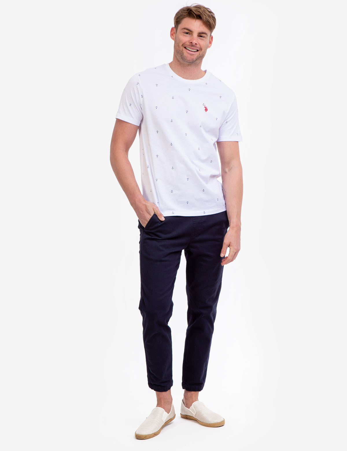 Anchor Print Jersey T-Shirt - All Over Pattern, Crew Neck, Short Sleeves