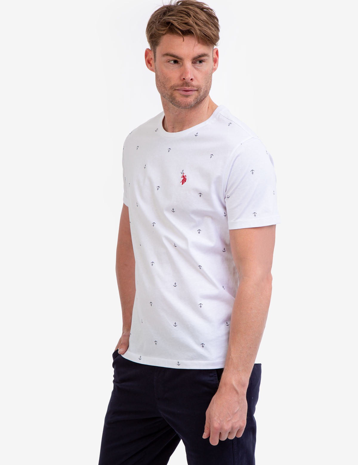 Anchor Print Jersey T-Shirt - All Over Pattern, Crew Neck, Short Sleeves