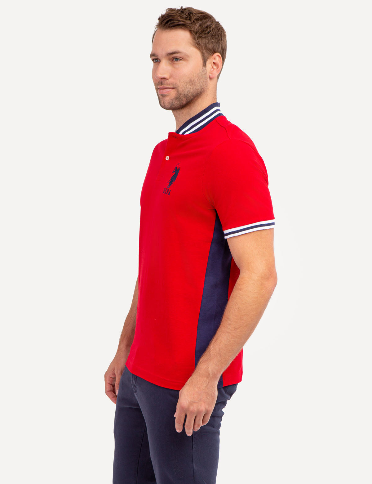 Men's Slim Fit Baseball Collar Polo Shirt - Cotton Pique with Contrast Trim
