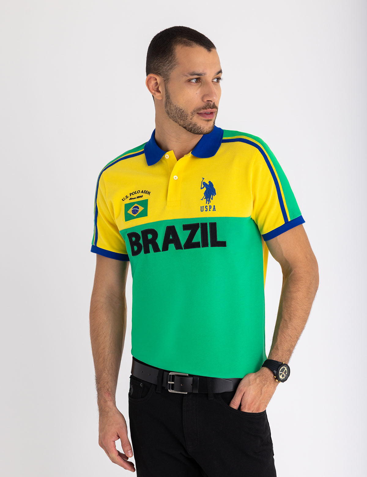 Brazil Color Block Pique Polo Shirt for Men - Casual Sporty Style