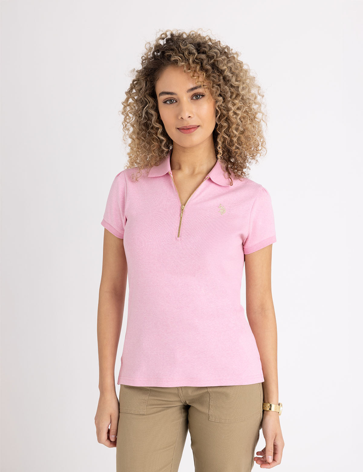 Women's Heather Polo Shirt with Half Zip & Puff Sleeves