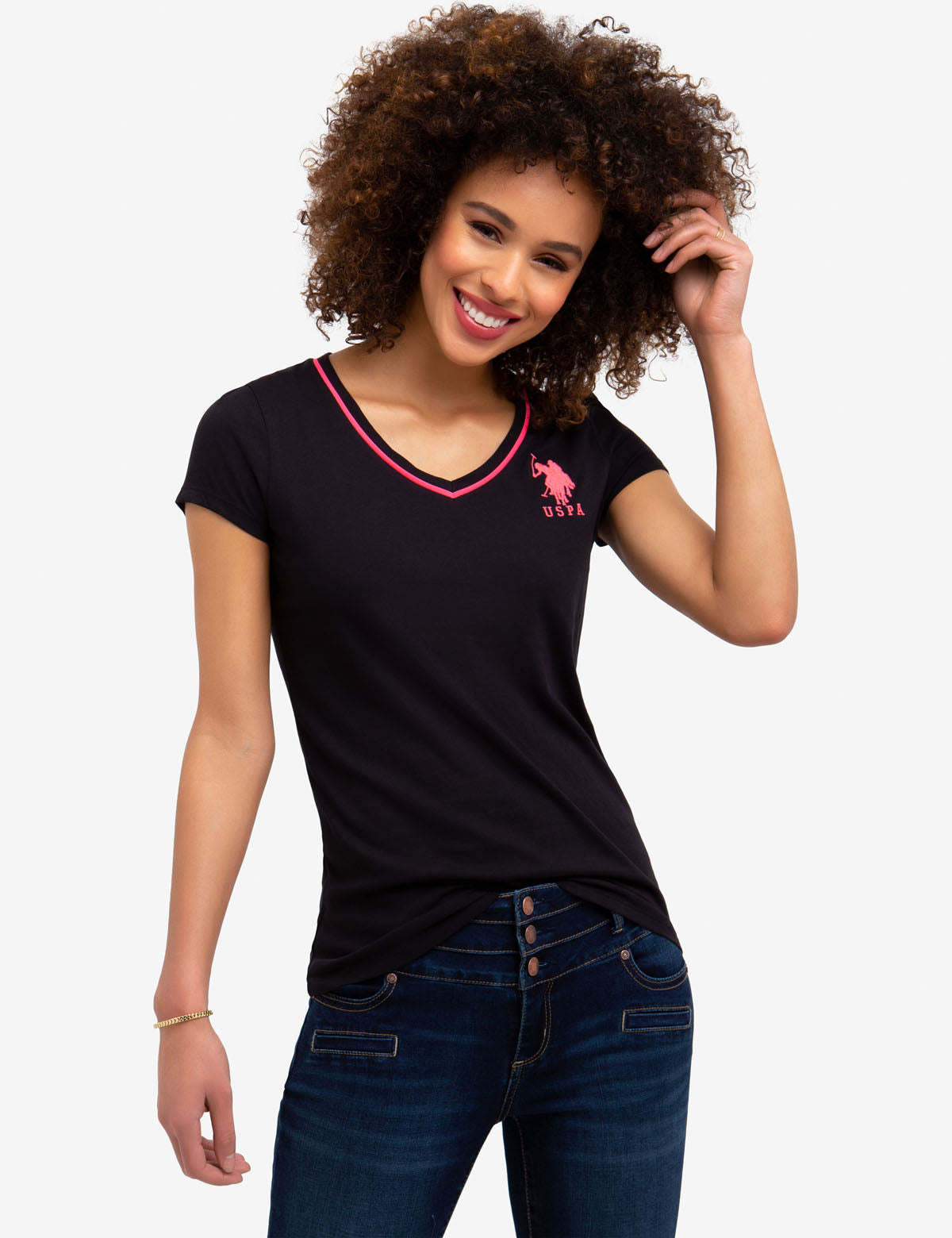 Men's V-Neck Cotton T-Shirt with Big Logo & Contrast Trim