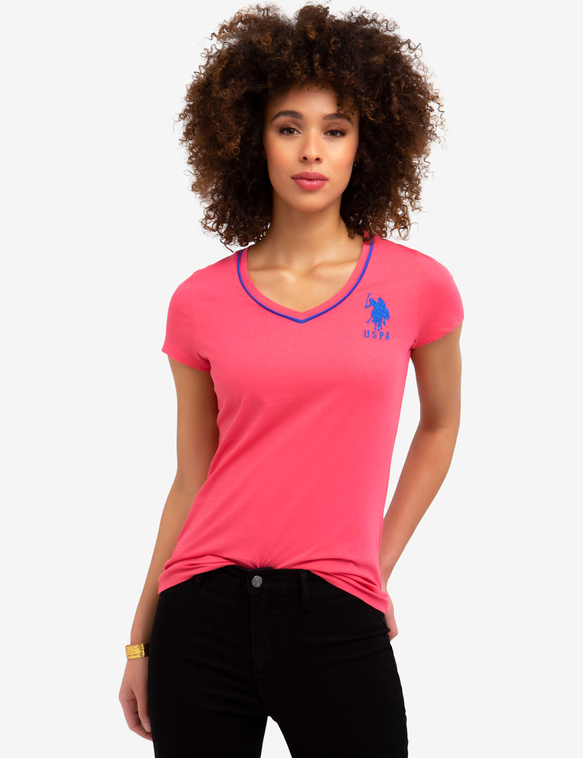 Men's V-Neck Cotton T-Shirt with Big Logo & Contrast Trim