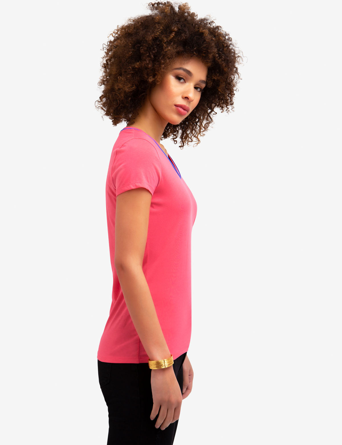Men's V-Neck Cotton T-Shirt with Big Logo & Contrast Trim