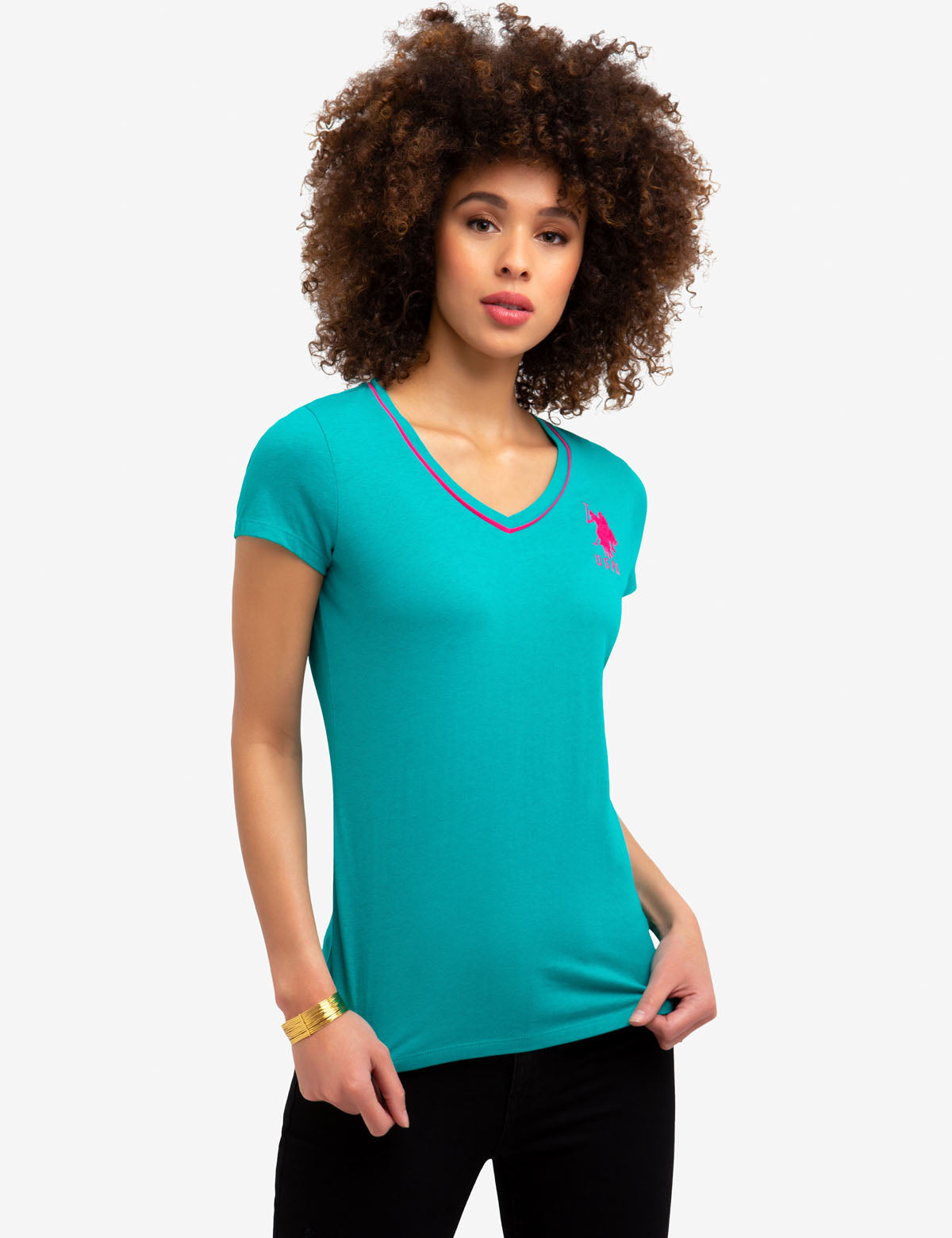 Men's V-Neck Cotton T-Shirt with Big Logo & Contrast Trim