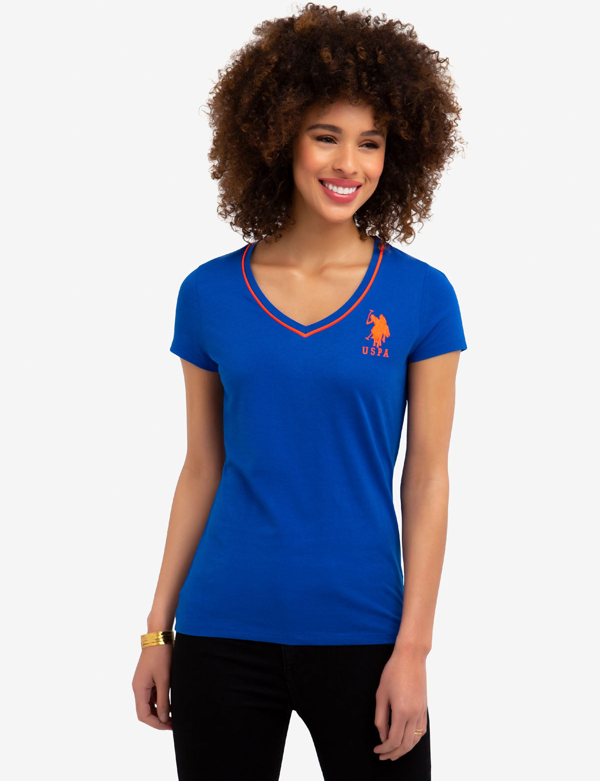 Men's V-Neck Cotton T-Shirt with Big Logo & Contrast Trim