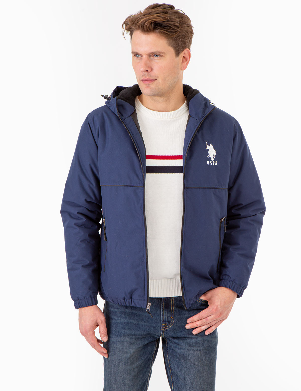 Men's Solid Color Windbreaker Jacket with Hood & Zipper Pockets