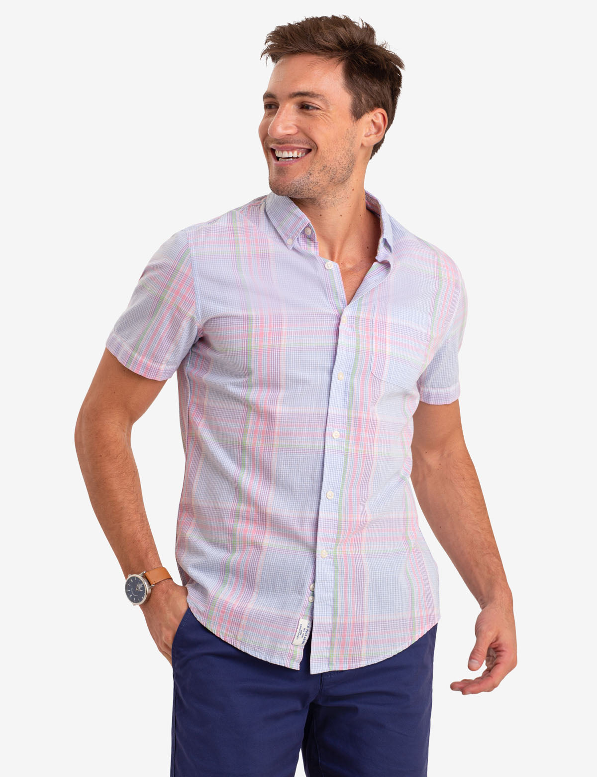 Plaid Short Sleeve Button-Up Shirt for Men