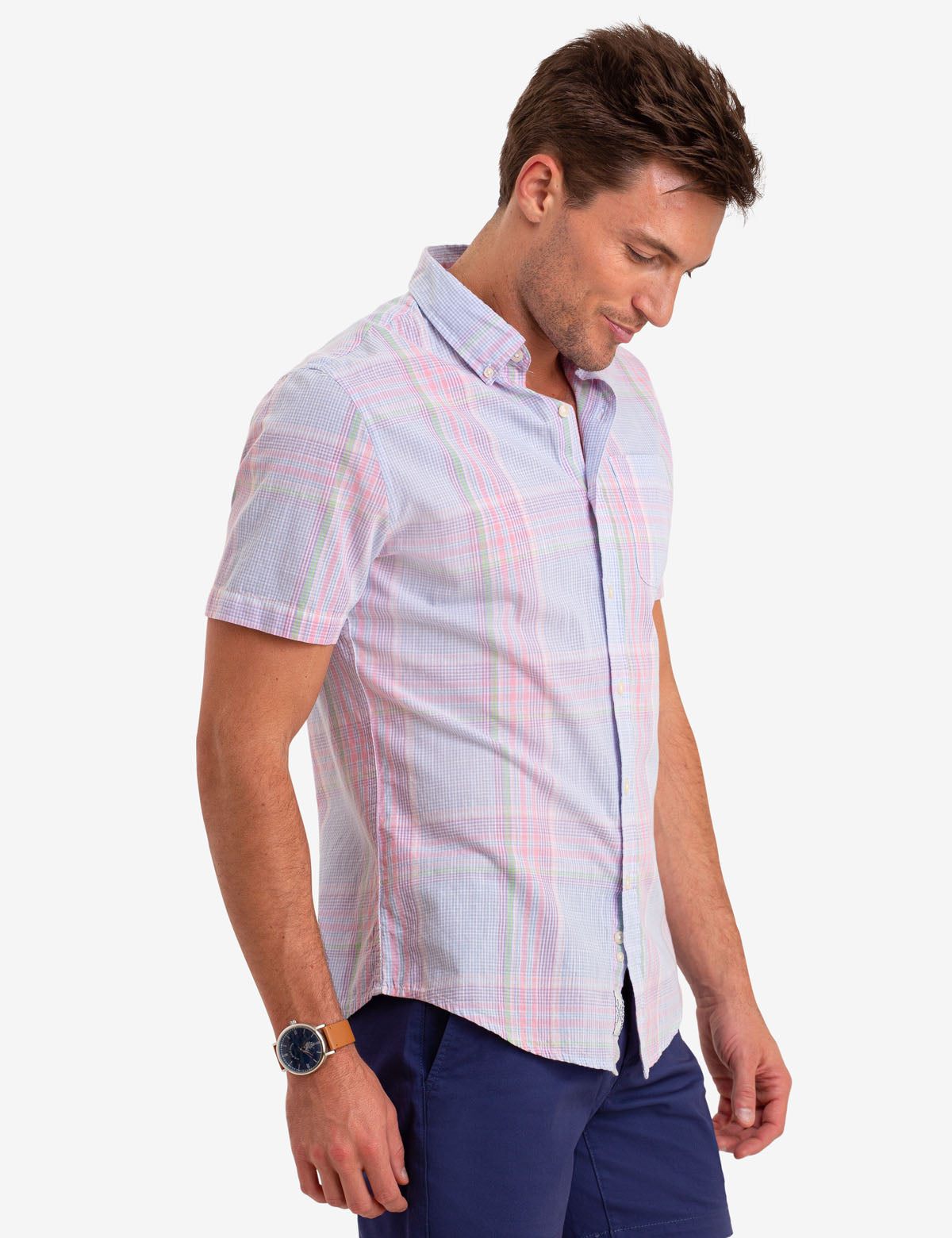 Plaid Short Sleeve Button-Up Shirt for Men