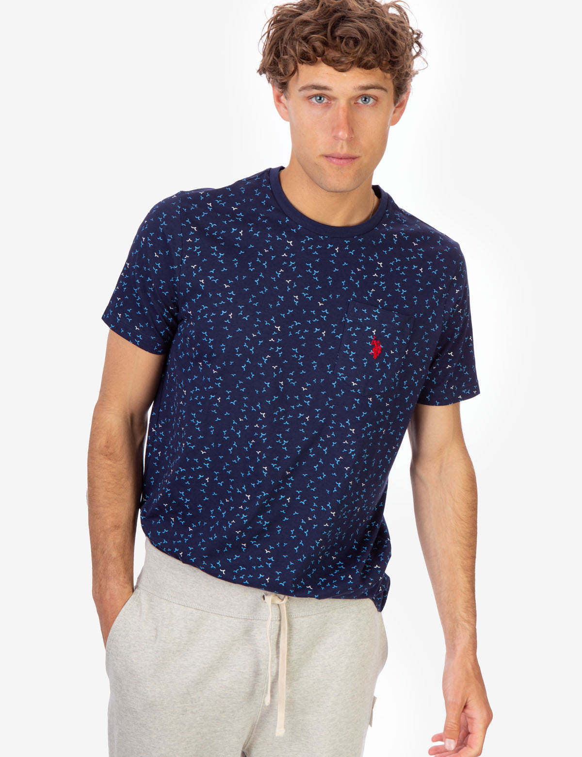 Bird Print Crew Neck T-Shirt with Embroidered Logo Pocket