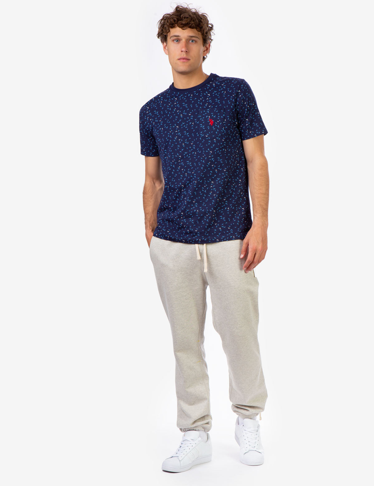 Bird Print Crew Neck T-Shirt with Embroidered Logo Pocket