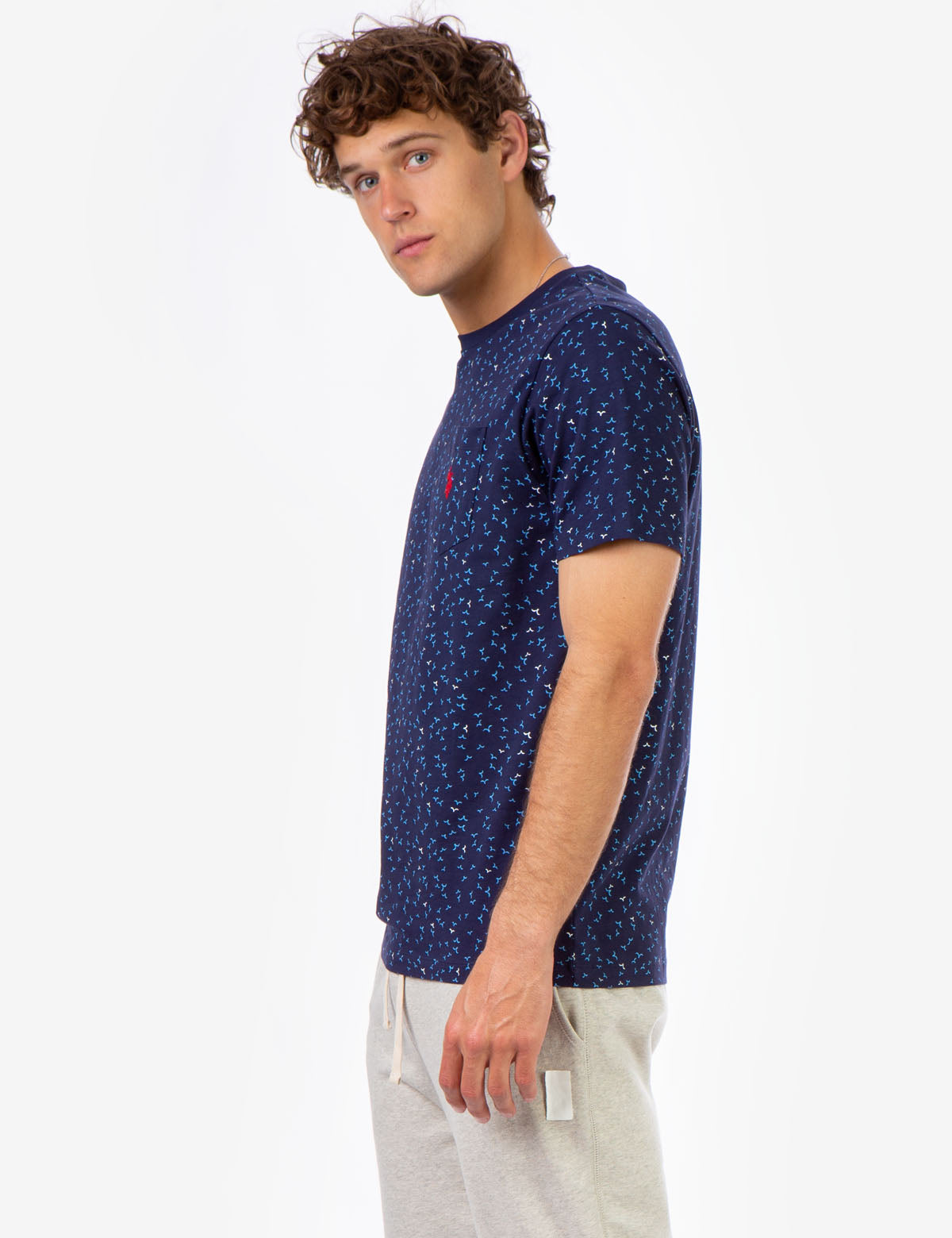Bird Print Crew Neck T-Shirt with Embroidered Logo Pocket