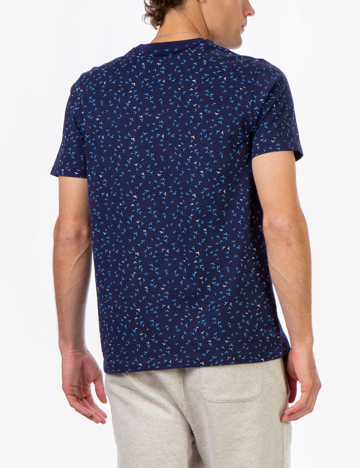 Bird Print Crew Neck T-Shirt with Embroidered Logo Pocket