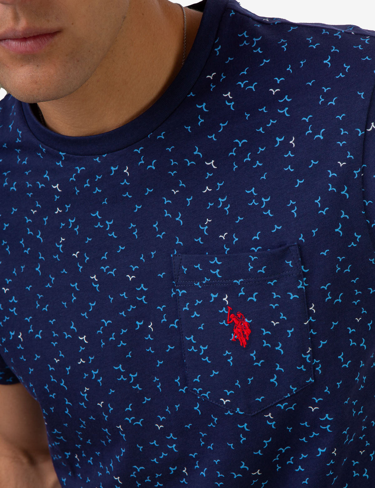 Bird Print Crew Neck T-Shirt with Embroidered Logo Pocket