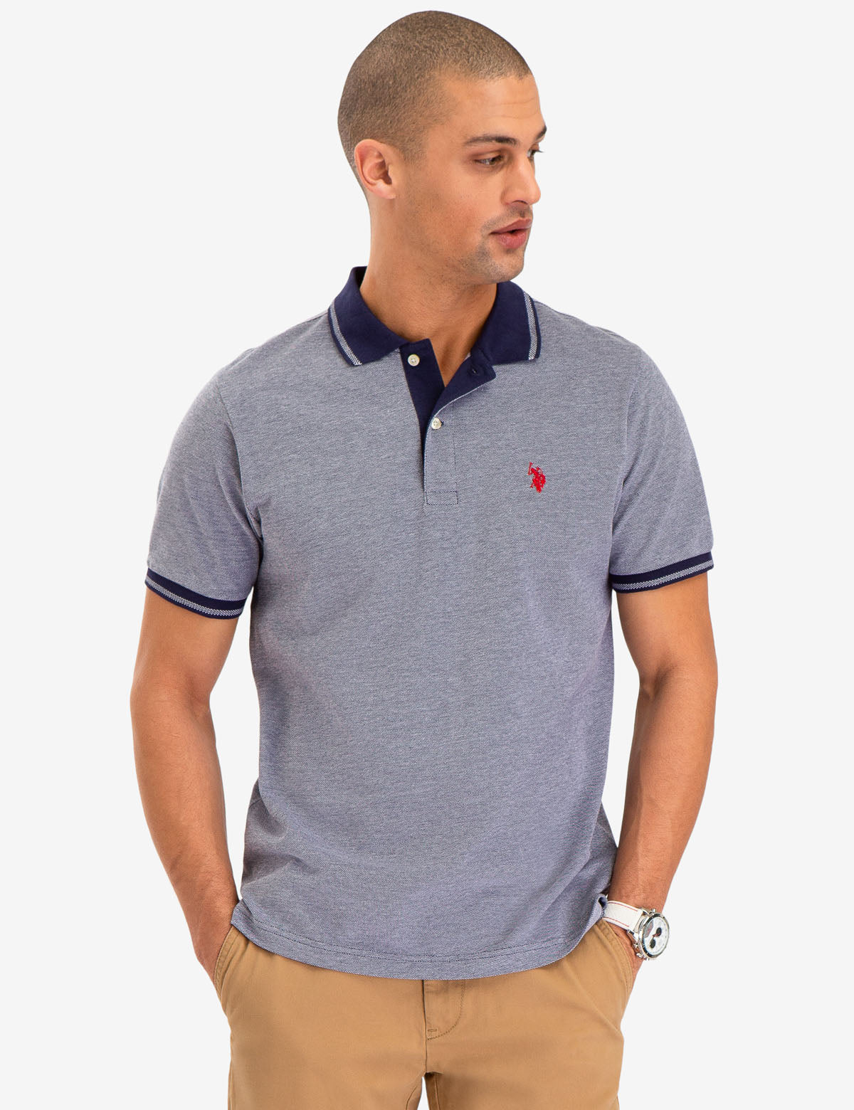 Men's Birdseye Contrast Collar Polo Shirt - Short Sleeve Embroidered Logo