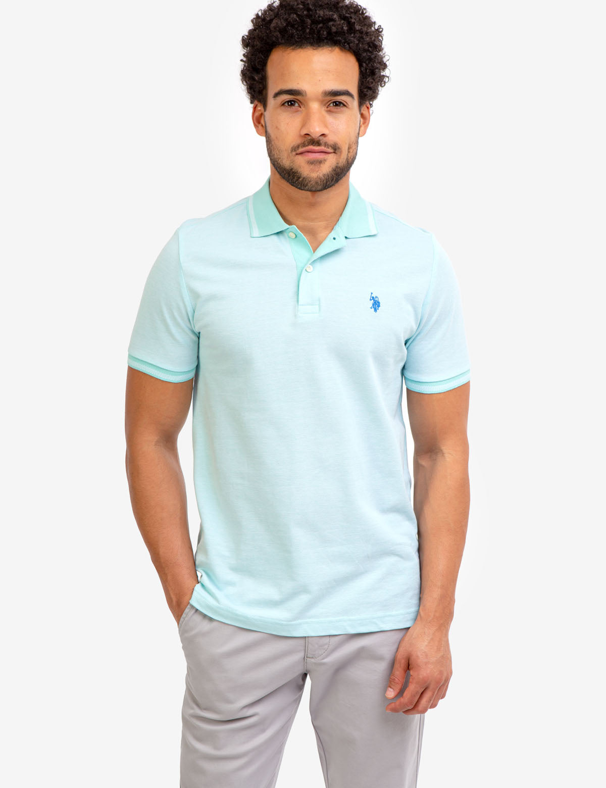 Men's Birdseye Contrast Collar Polo Shirt - Short Sleeve Embroidered Logo