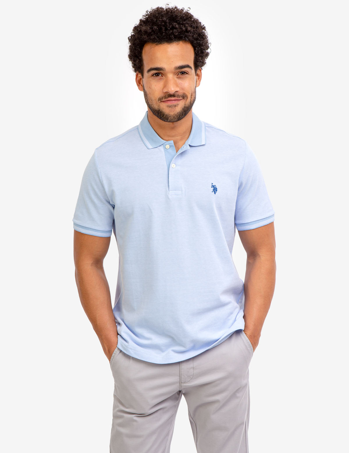 Men's Birdseye Contrast Collar Polo Shirt - Short Sleeve Embroidered Logo