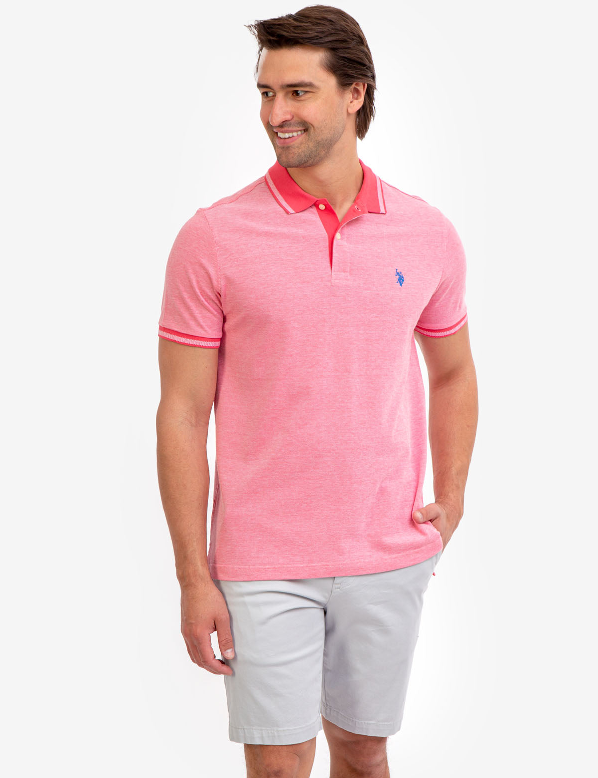 Men's Birdseye Contrast Collar Polo Shirt - Short Sleeve Embroidered Logo