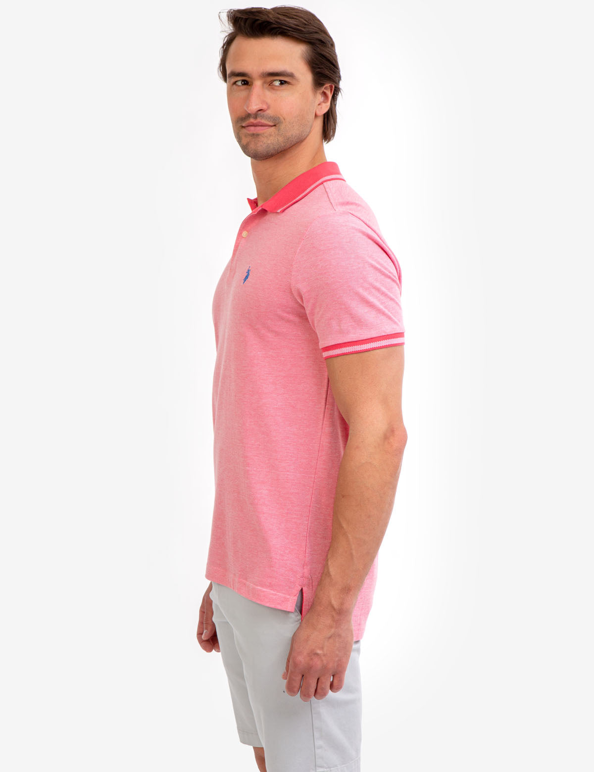 Men's Birdseye Contrast Collar Polo Shirt - Short Sleeve Embroidered Logo