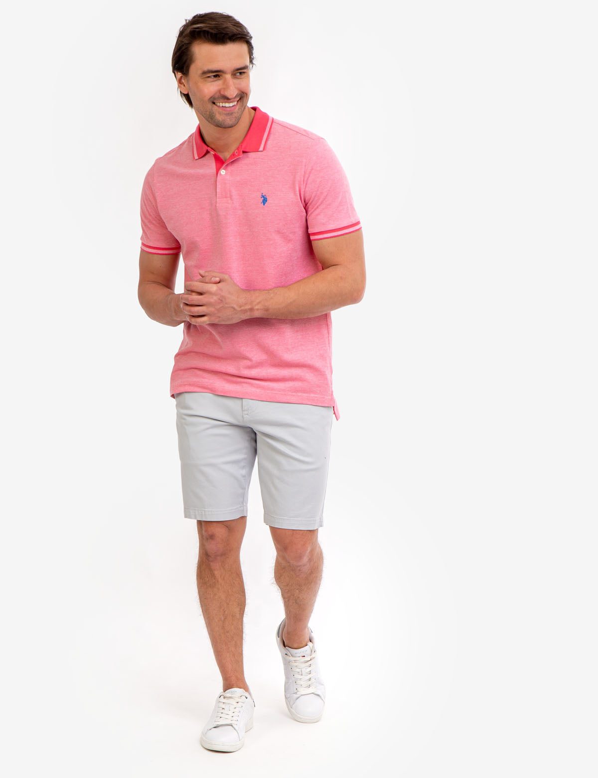 Men's Birdseye Contrast Collar Polo Shirt - Short Sleeve Embroidered Logo