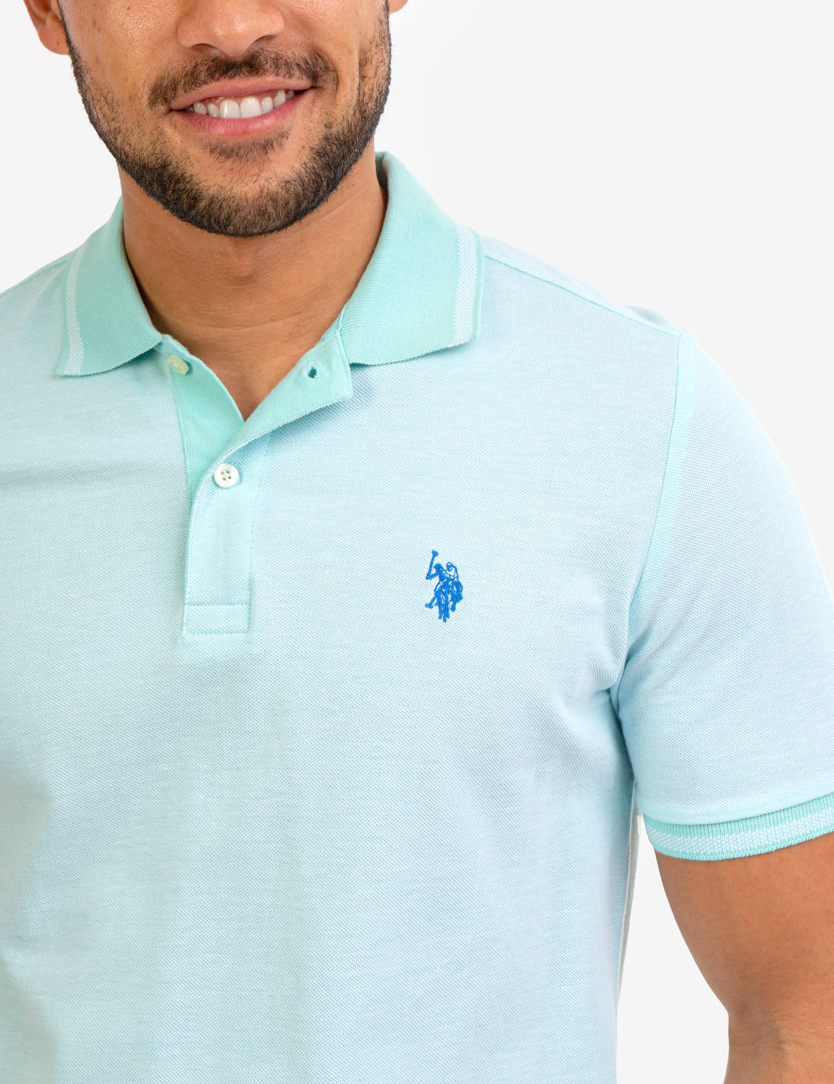Men's Birdseye Contrast Collar Polo Shirt - Short Sleeve Embroidered Logo