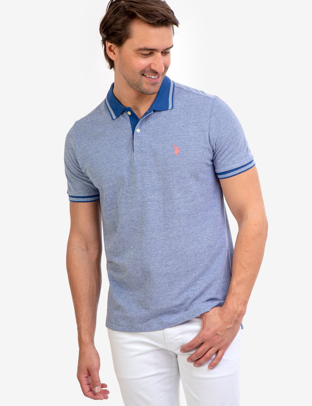 Men's Birdseye Contrast Collar Polo Shirt - Short Sleeve Embroidered Logo