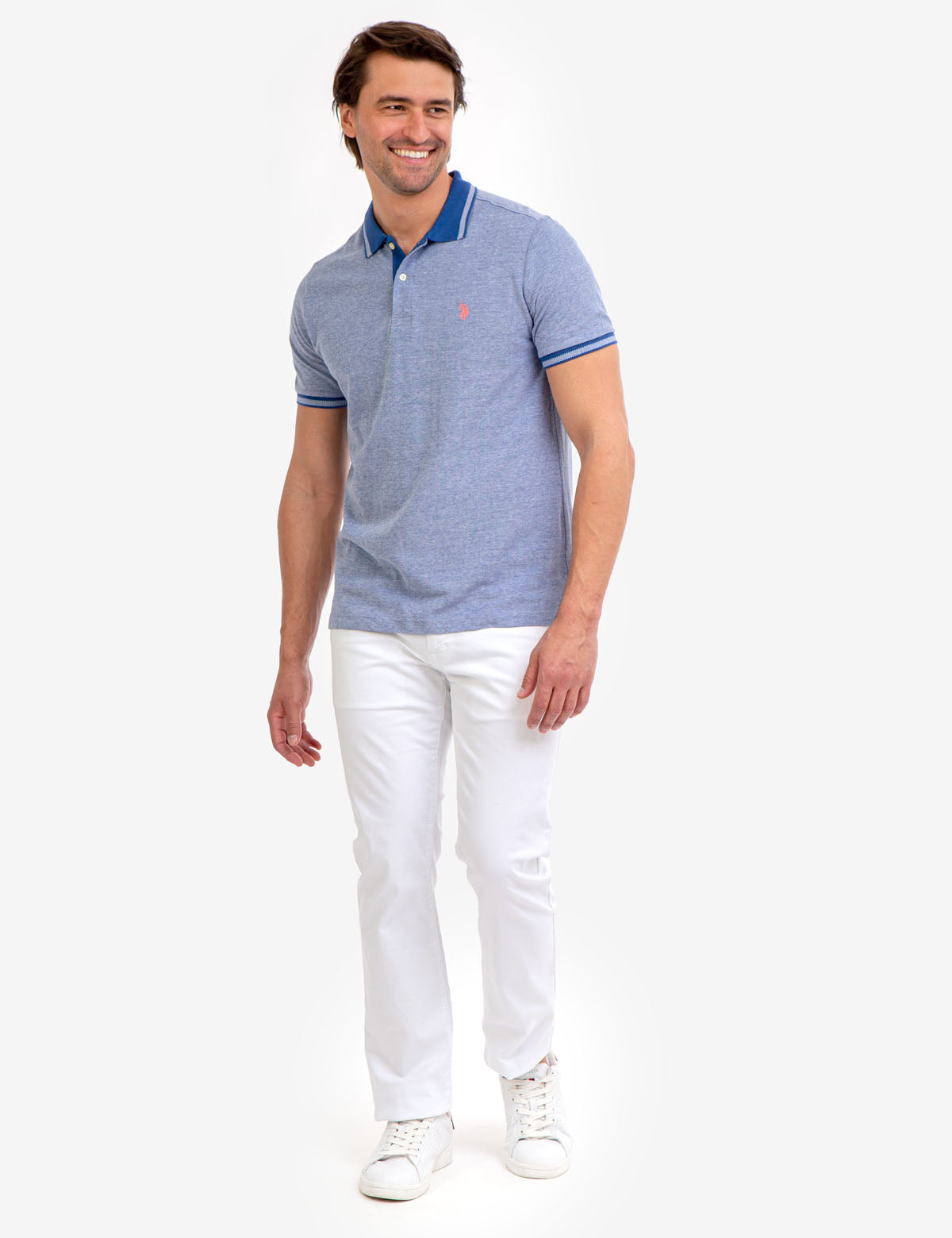 Men's Birdseye Contrast Collar Polo Shirt - Short Sleeve Embroidered Logo