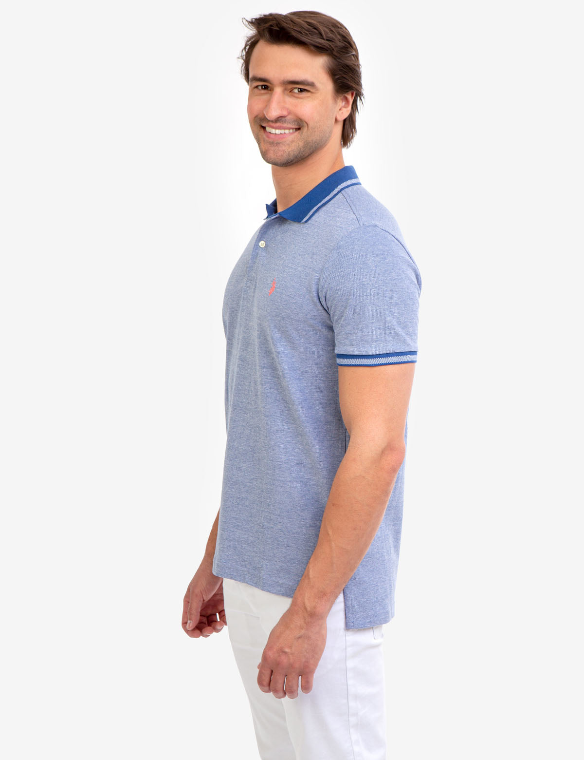 Men's Birdseye Contrast Collar Polo Shirt - Short Sleeve Embroidered Logo