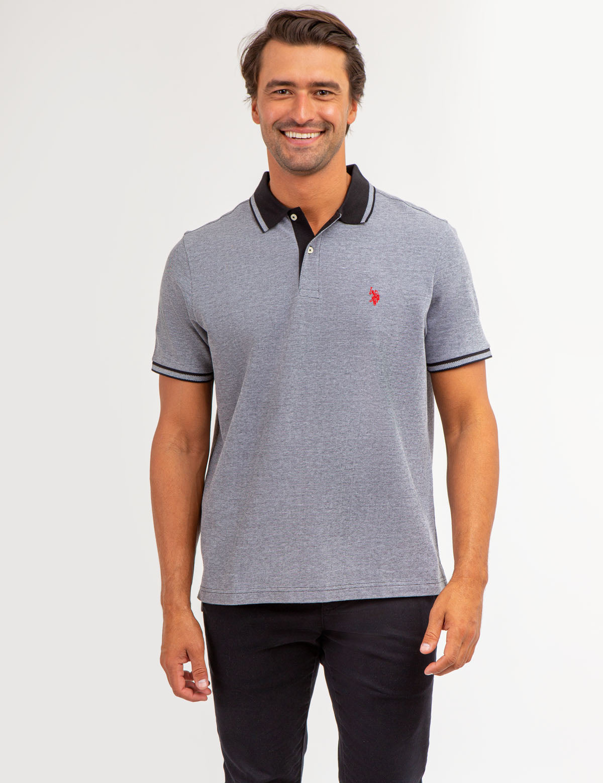Men's Birdseye Contrast Collar Polo Shirt - Short Sleeve Embroidered Logo