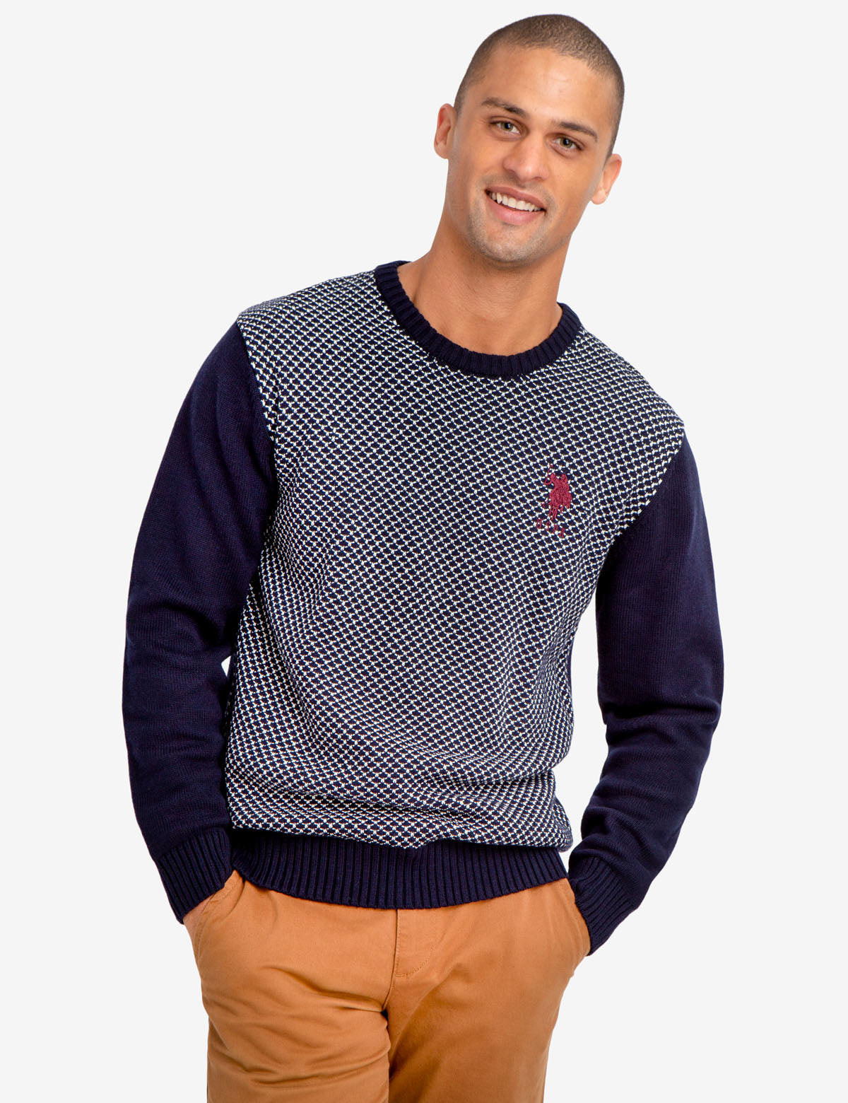 Men's Birdseye Knit Sweater with Embroidered Logo - Crew Neck Pullover