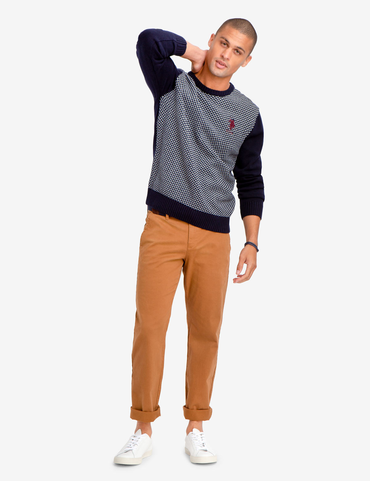 Men's Birdseye Knit Sweater with Embroidered Logo - Crew Neck Pullover