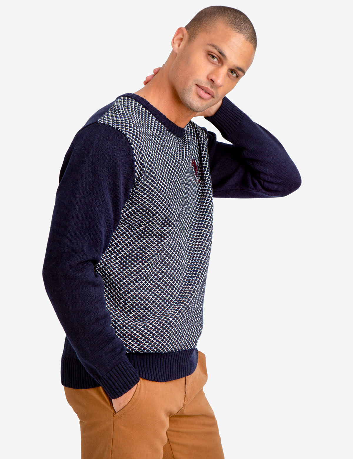 Men's Birdseye Knit Sweater with Embroidered Logo - Crew Neck Pullover