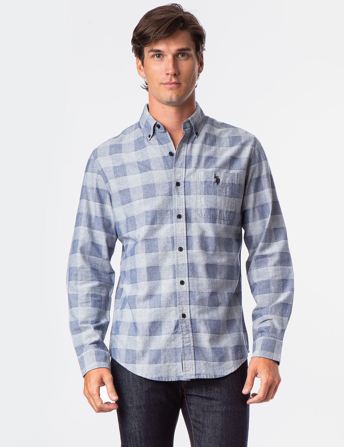 Black Jacquard Plaid Shirt with Button Front & Chest Pocket