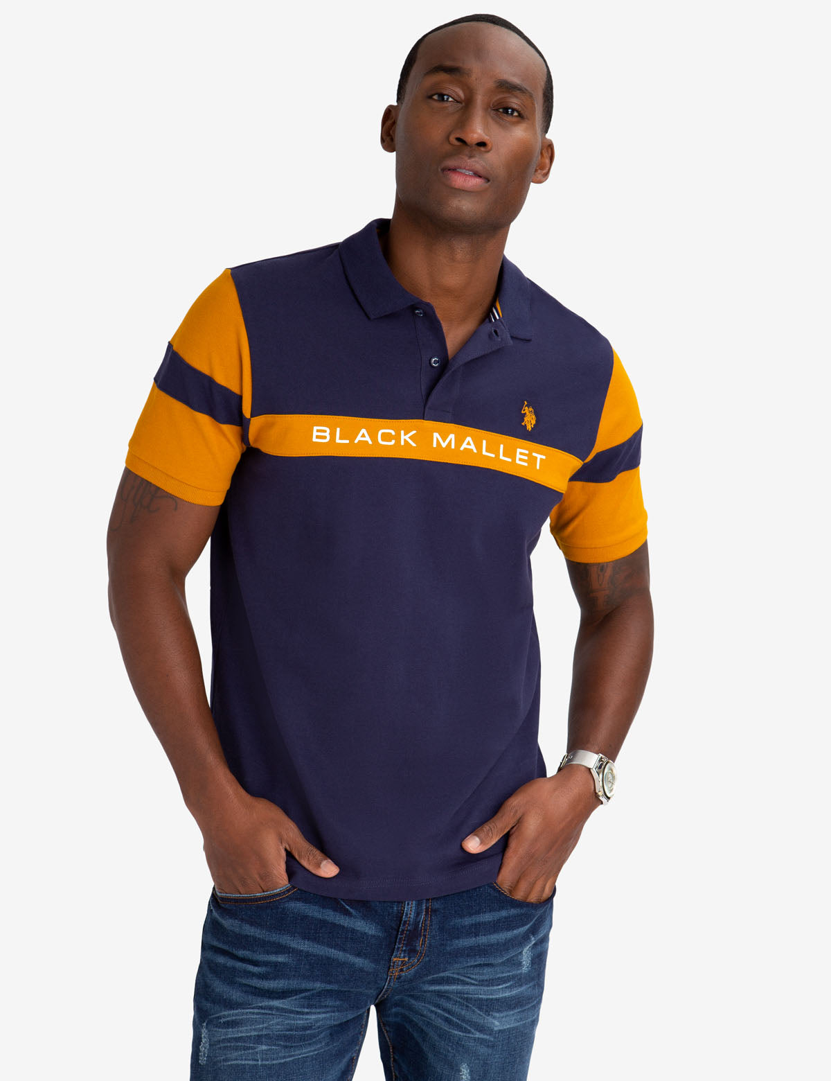USPA Black Mallet Classic Fit Stripe Polo Shirt - 100% Cotton