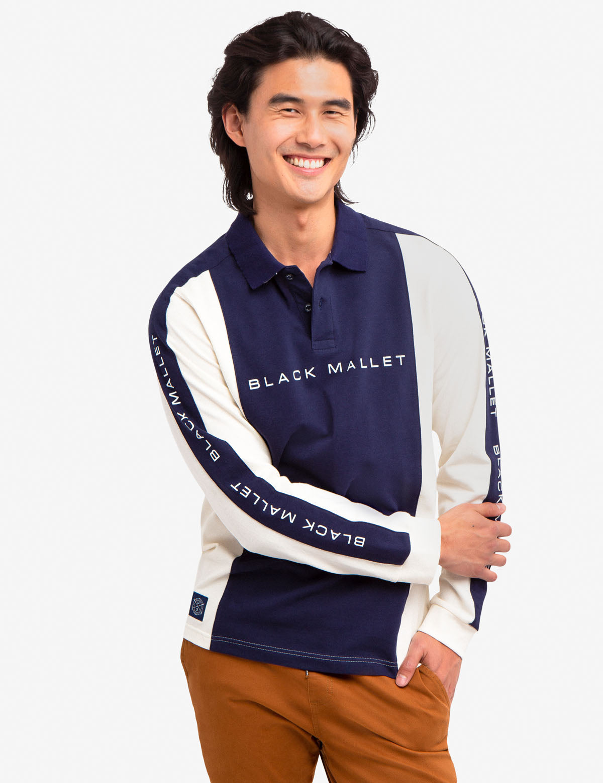 Black Mallet Colorblock Long Sleeve Polo Shirt with Embroidered Logo