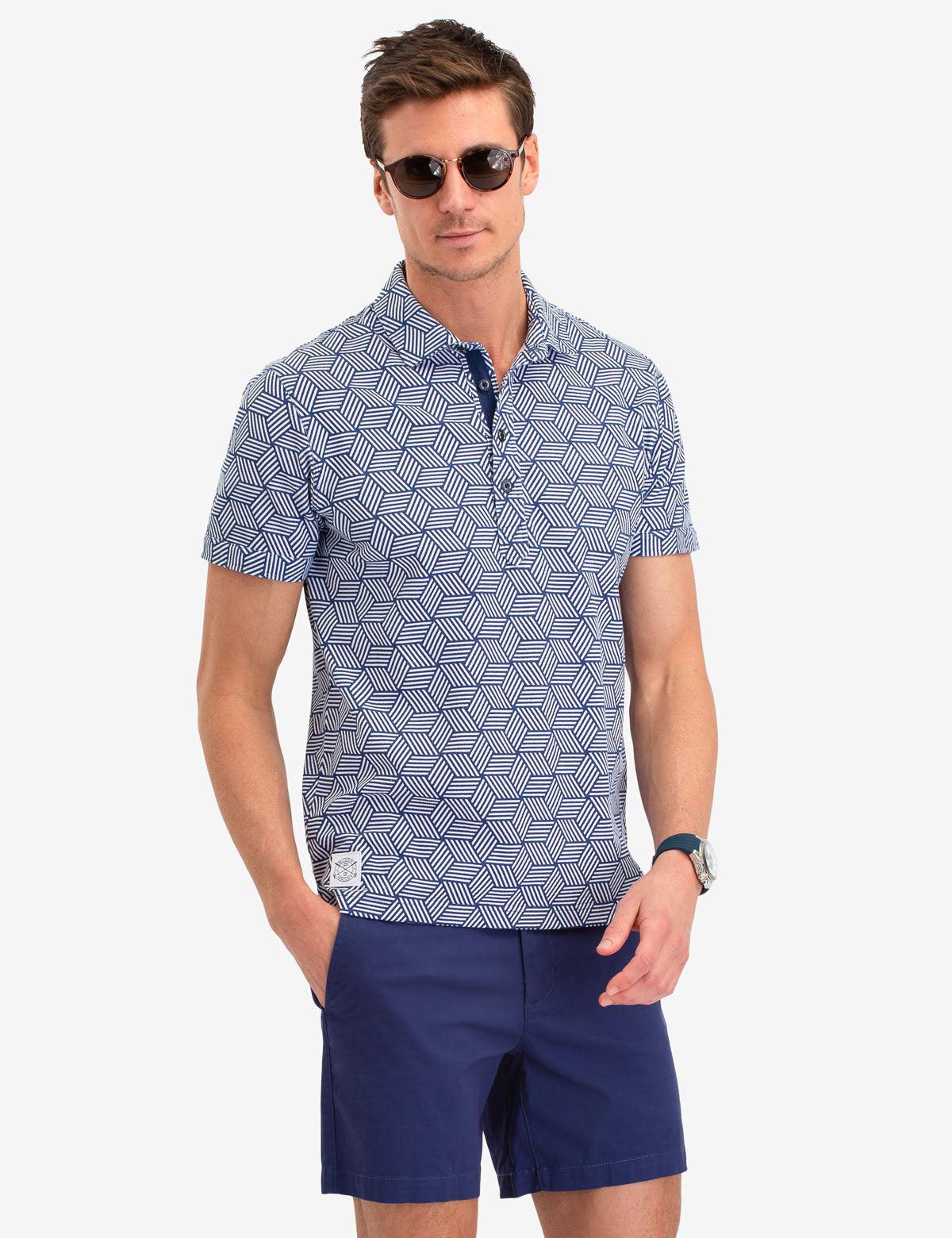 Black Geometric Print Polo Shirt – Short Sleeve Button-Up