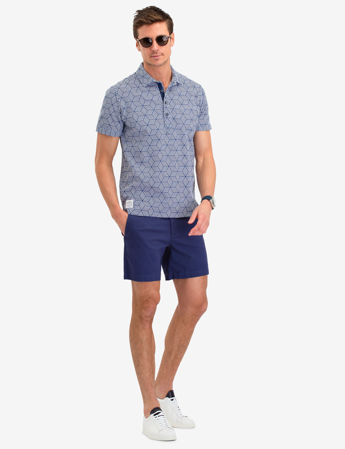 Black Geometric Print Polo Shirt – Short Sleeve Button-Up
