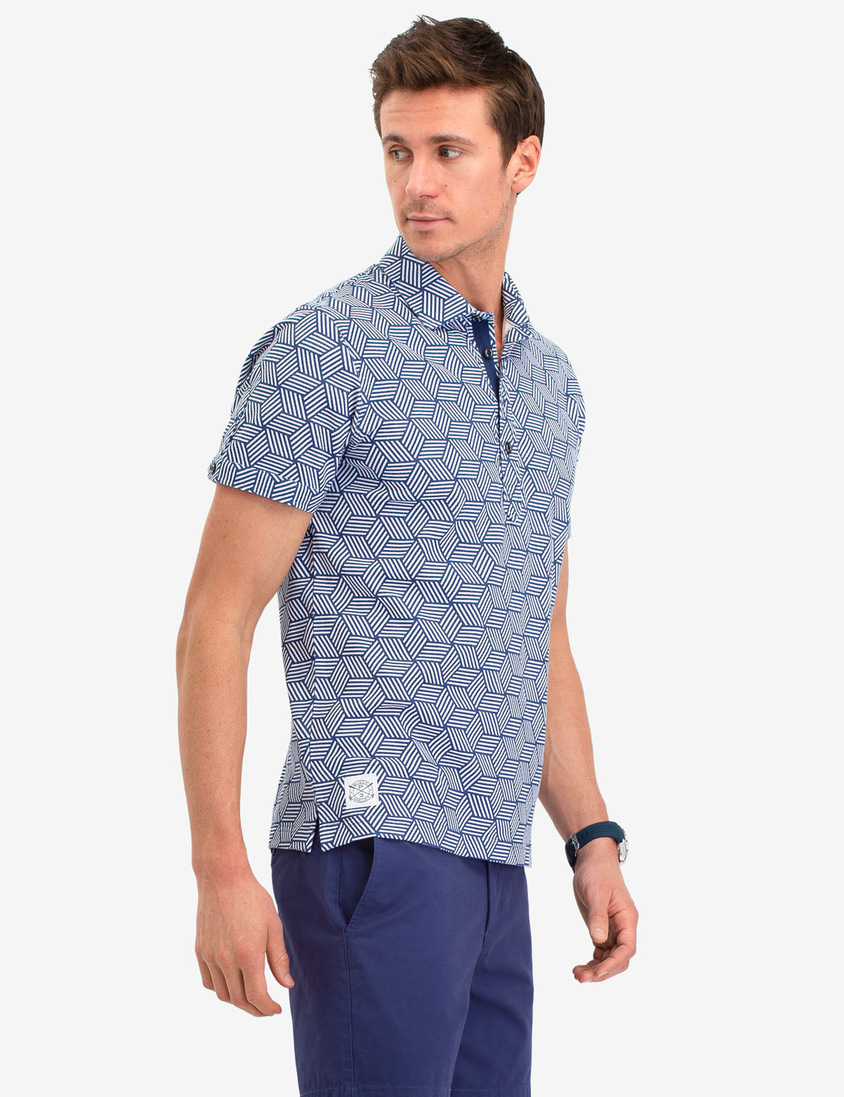 Black Geometric Print Polo Shirt – Short Sleeve Button-Up