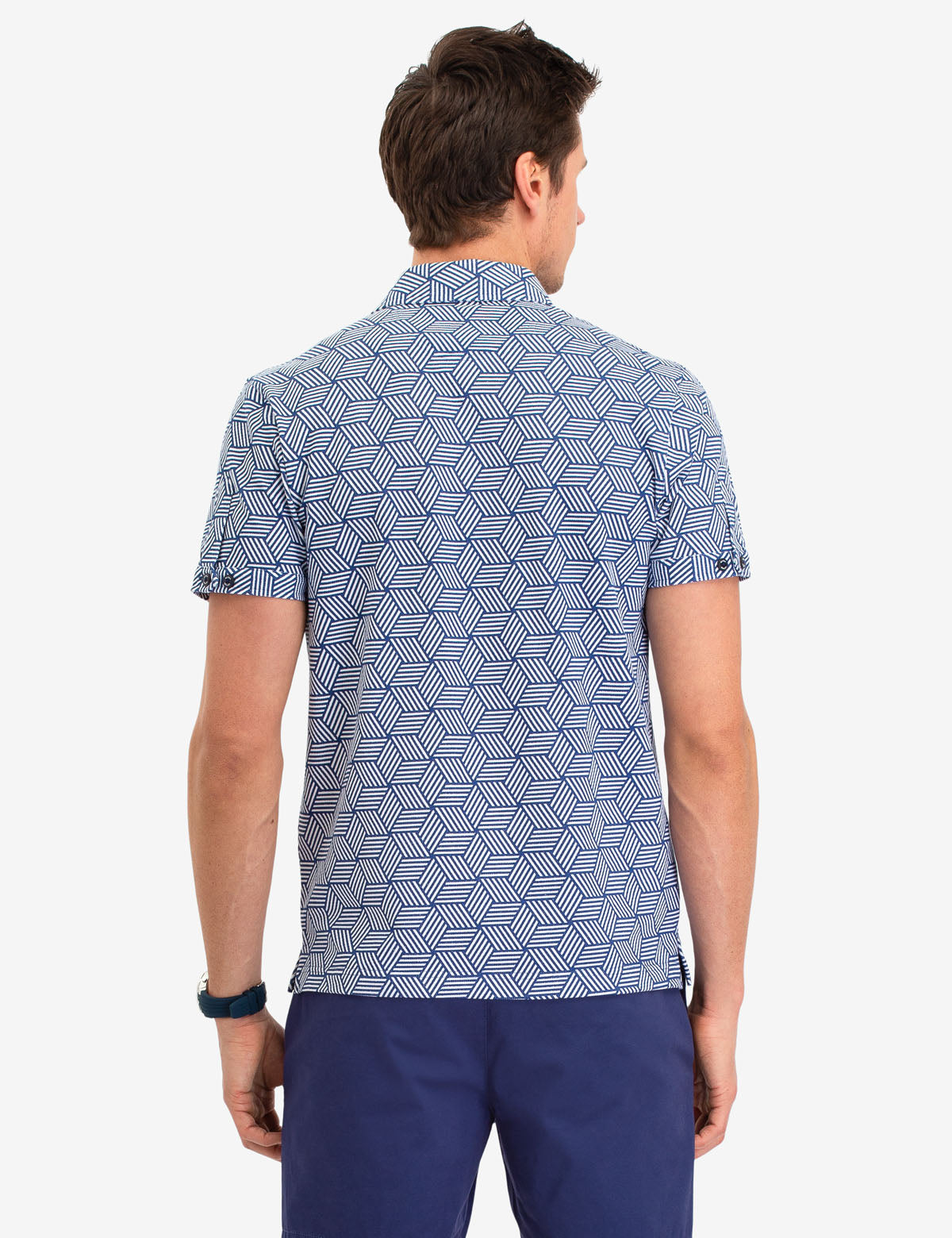 Black Geometric Print Polo Shirt – Short Sleeve Button-Up