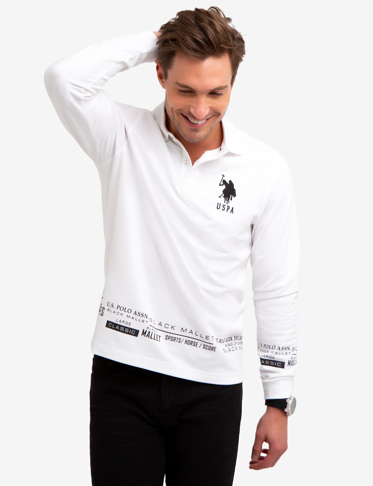 Black Mallet Logo Long Sleeve Polo Shirt for Men