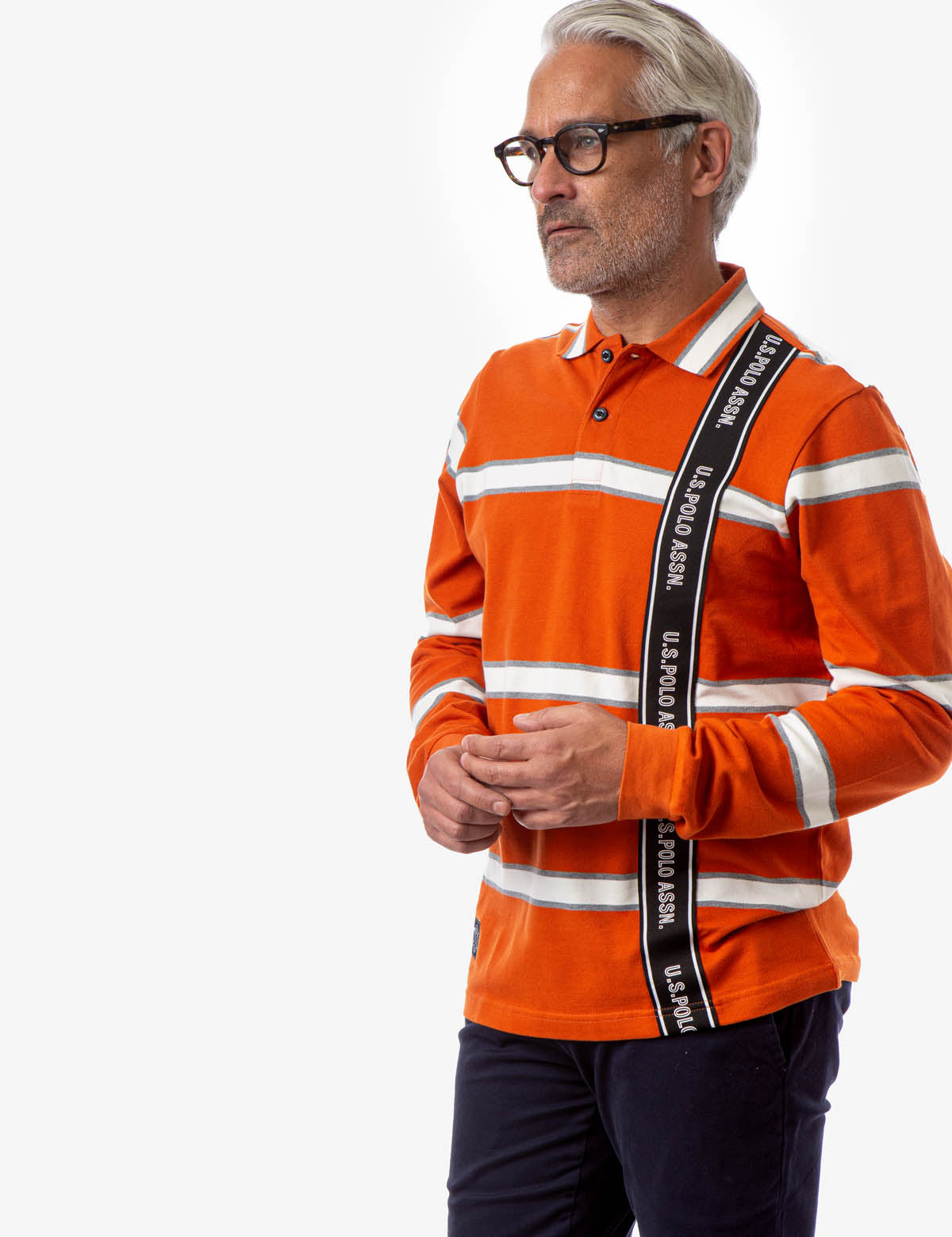 Black Mallet Logo Tape Polo Shirt - Long Sleeve Striped Men's Top