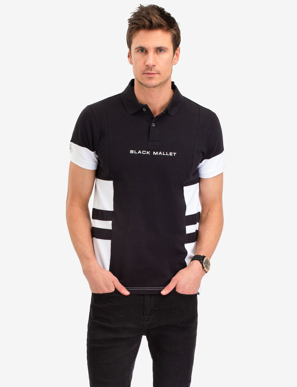 Black Mallet Men's Striped Polo Shirt - Short Sleeve Button Placket
