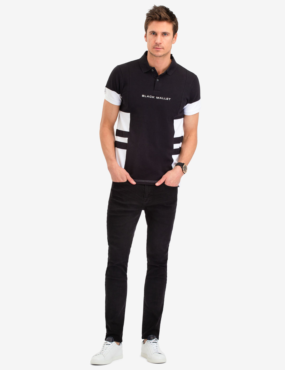 Black Mallet Men's Striped Polo Shirt - Short Sleeve Button Placket