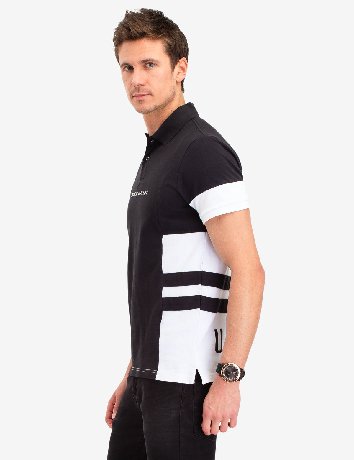 Black Mallet Men's Striped Polo Shirt - Short Sleeve Button Placket