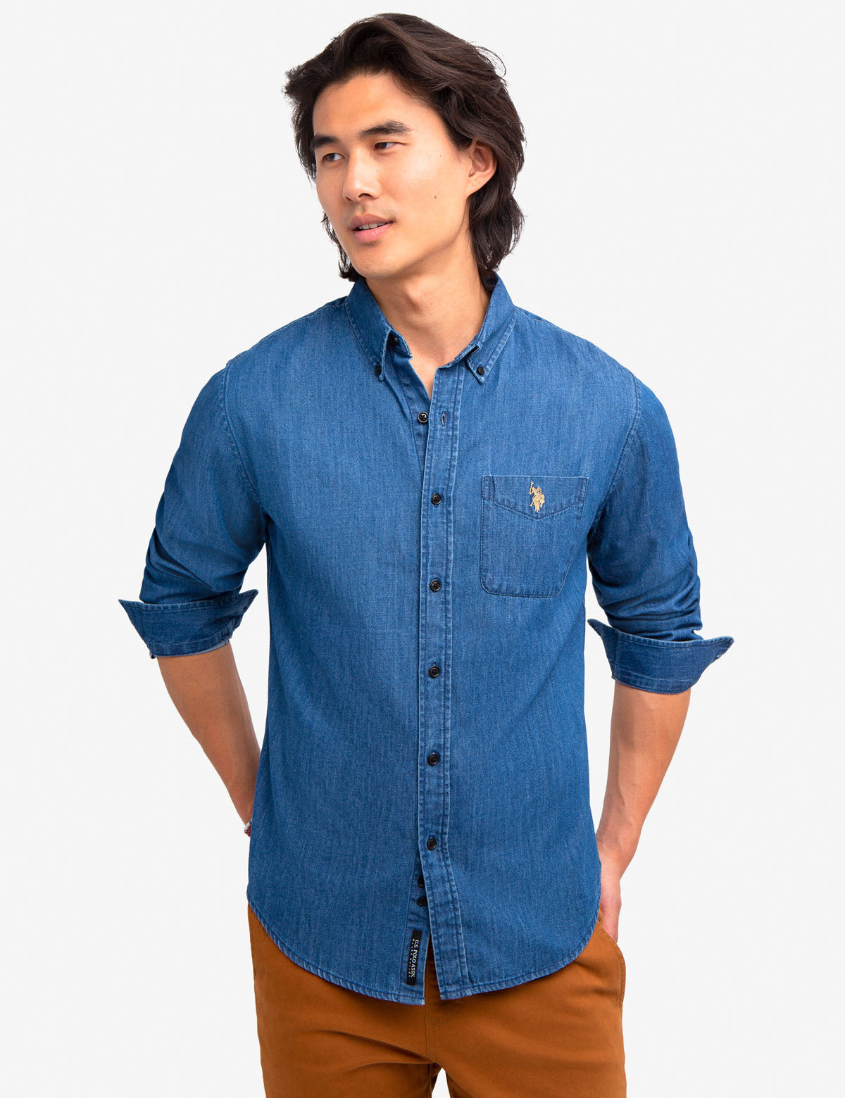 Black Slim Fit Denim Shirt for Men - Cotton Button-Up with Logo